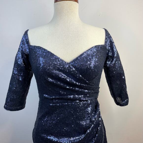 Rene Ruiz Collection Blue sequined ruched Knee Length Event Formal Dress 6 - Picture 5 of 15